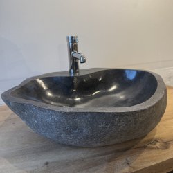 H�ndvask flodsten - Sort/Gr� -  med hul til armaturet - NYHED