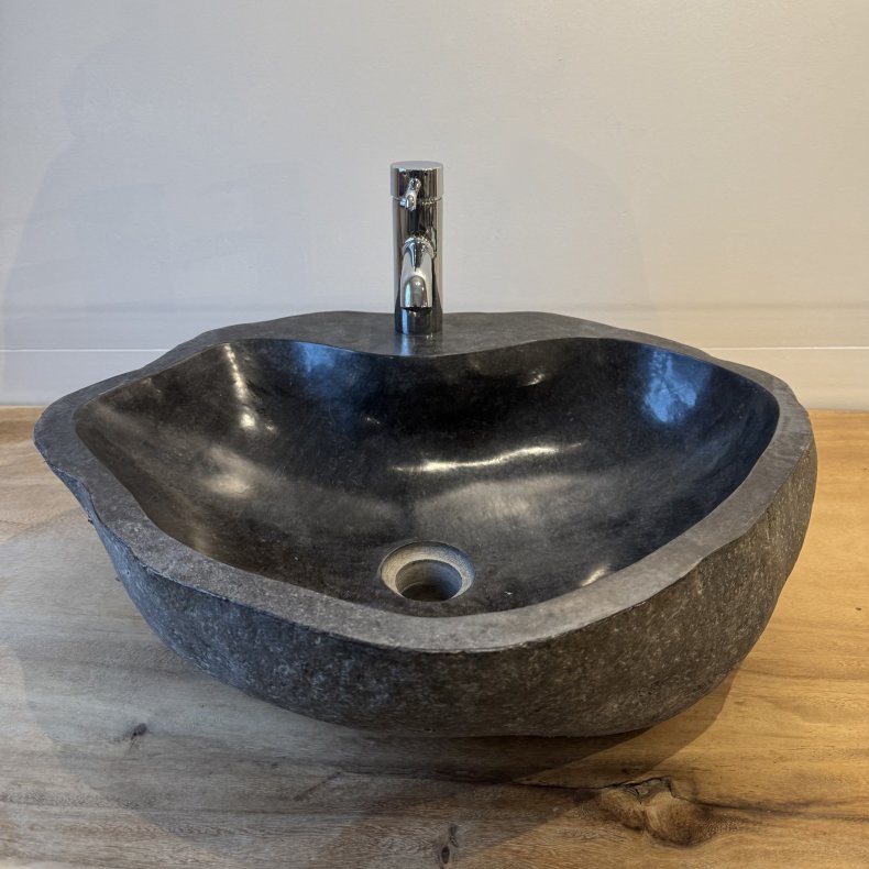 H�ndvask flodsten - Sort/Gr� -  med hul til armaturet - NYHED